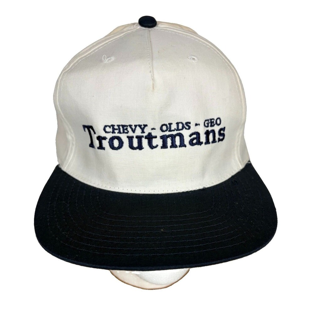 Troutmans Vintage Hat Chevy Olds Geo White & Blue Halifax Millersburg